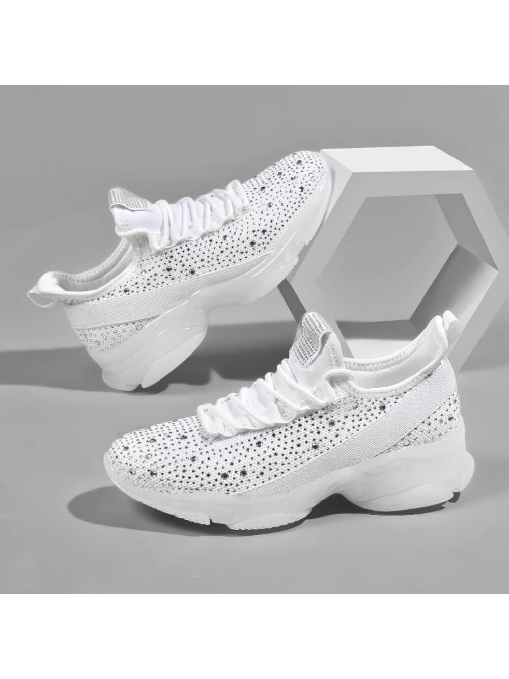 Women's White Rhinestone Slip On Breathable Mesh Sparkle Glitter Sneaker - Picture 6 of 6